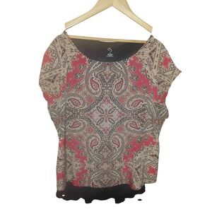 Christopher & Banks Red Black Paisley Mixed Media Knit Back Blouse XL